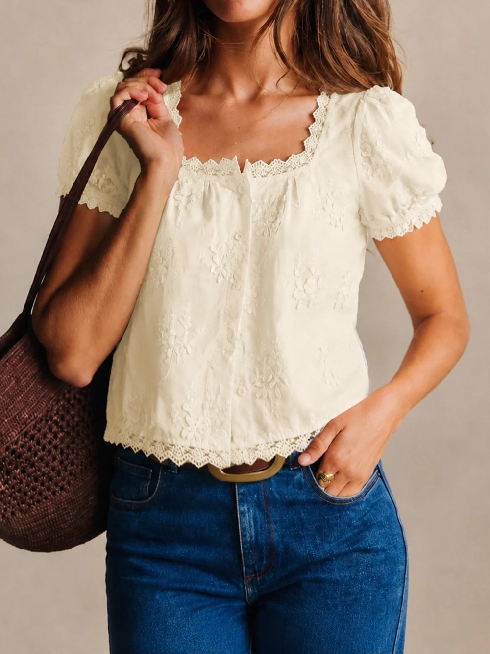Rihoas Cream Eyelet Lace Square-Neck Top